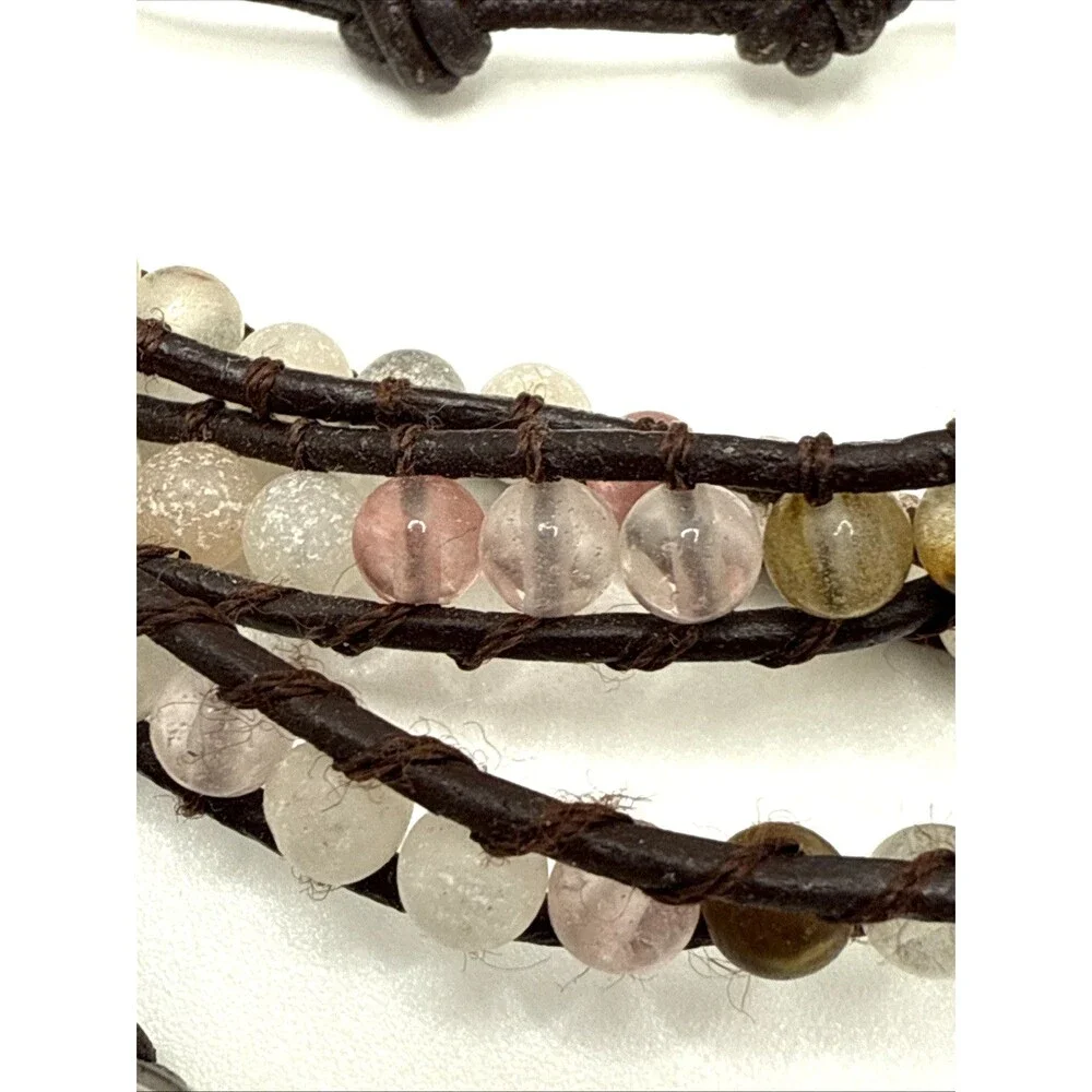 Victoria Emerson Wrap Bracelet Brown Leather Multicolor Stone Beaded Boho 33-36